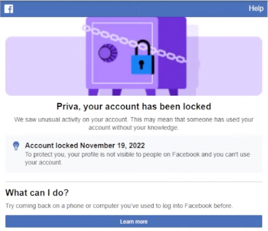 Facebook просит войти с предыдущего устройства или обход your account hass been locked Фейсбук
